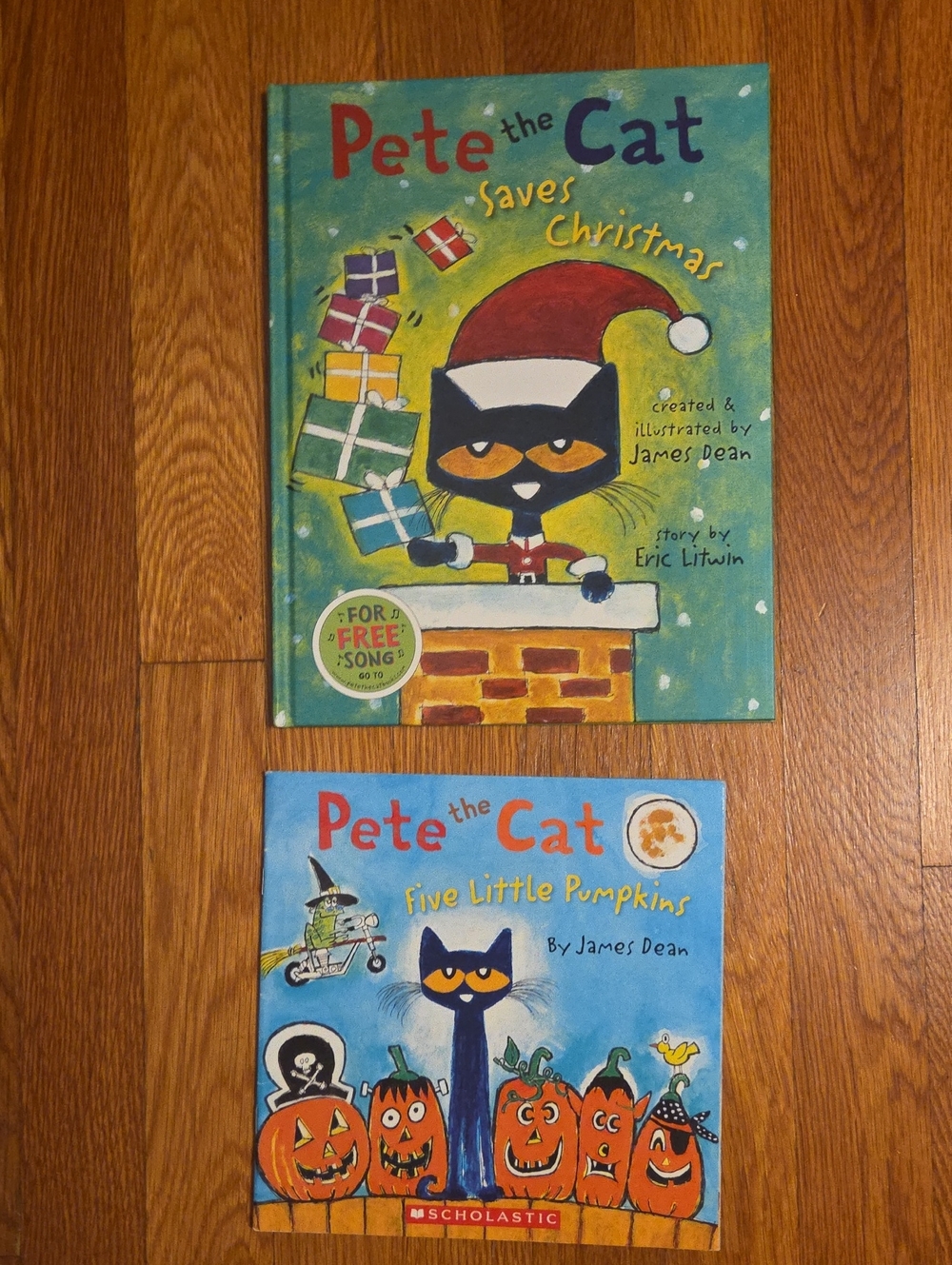 (2) NWOT BOOKS Scholastic Pete the Cat SAVES CHRISTMAS & FIVE LITTLE PUMPKINS
